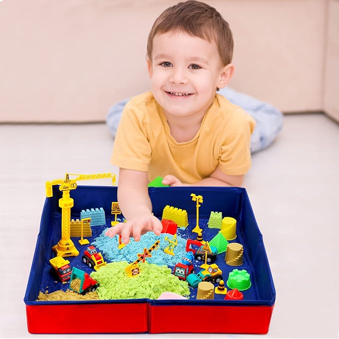 ThinkMax Sand Kit for Kids, 3lbs Sand, 6 Mini Construction Trucks, Construction Toys and Signs, Castle Sand Molds Tools, Foldable Box and Storage Bin Tote, 43PCS Sand Set for Boys Grils