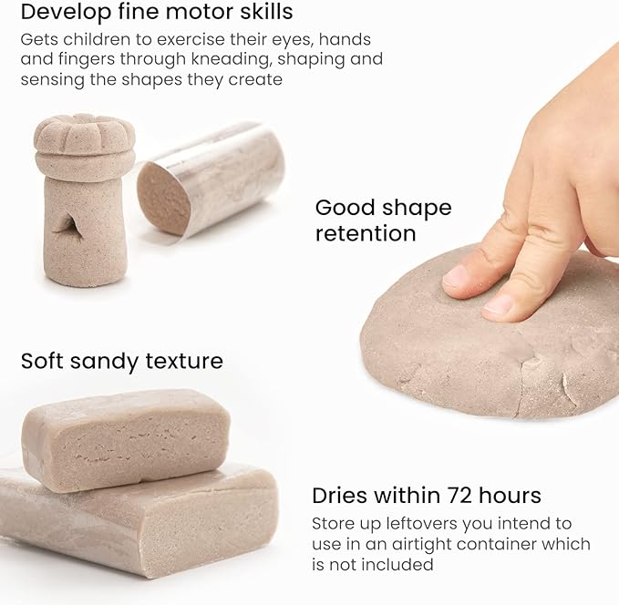 Arteza Kids Air Dry Modeling Clay Kit, 4 x 8-oz Packs Sensory Play Sand, 8 Sandy Clay Tools, 15 Decoration Shells, Art and Craft Supplies for Kids, Sand Castle Building, Birthday Gifts
