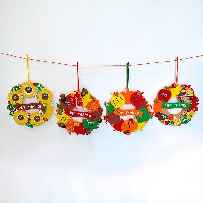 Winlyn 12 Sets Thanksgiving Wreath Signs Decorations Art Sets DIY Fall Thanksgiving Craft Kits Foam Sunflowers Maple Leaves Pumpkin Harvest Stickers for Kids Autumn Classroom Activities Party Favors