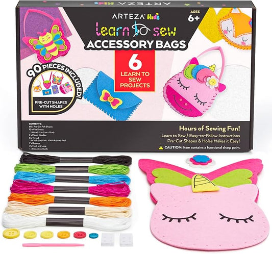 Arteza Kids Hand Sewing Kit, 6 Learn to Sew Accessory Bags, 90 Pieces, Pre-Cut Felt Shapes, Felt Sheets, Plastic Needles, Thread, Buttons, and Hook & Loop, Kids Craft Supplies with Instruction Guide
