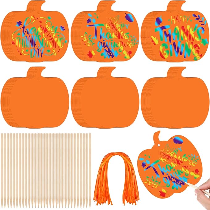 Liliful 60 Set Thanksgiving Scratch Crafts for Kids Colorful Pumpkin Scratch Crafts with 30 Wooden Scratch Tools Fall Scratch Art Pumpkin Hanging Art for Autumn Thanksgiving Craft Gifts