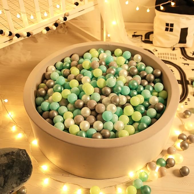 GOGOSO Ball Pit Balls -100pcs BPA Free Balls Crush Proof Pool Balls Toy for Baby Boys Girls Playhouse Pool Birthday Party Decoration,Pearl Balls +Macaron Balls Green+Gray+White
