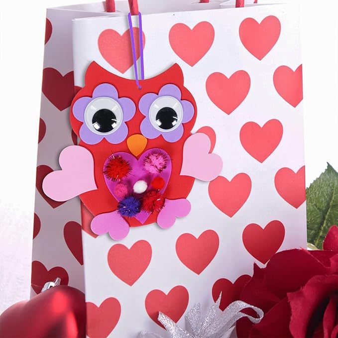 Winlyn 24 Sets Valentine Decorations DIY Heart Owl Ornaments Valentine Craft Kit Valentine Owl Art Sets Hearts Foam Valentine Stickers for Kids Valentine's Day Party Classroom Activities Gift Exchange