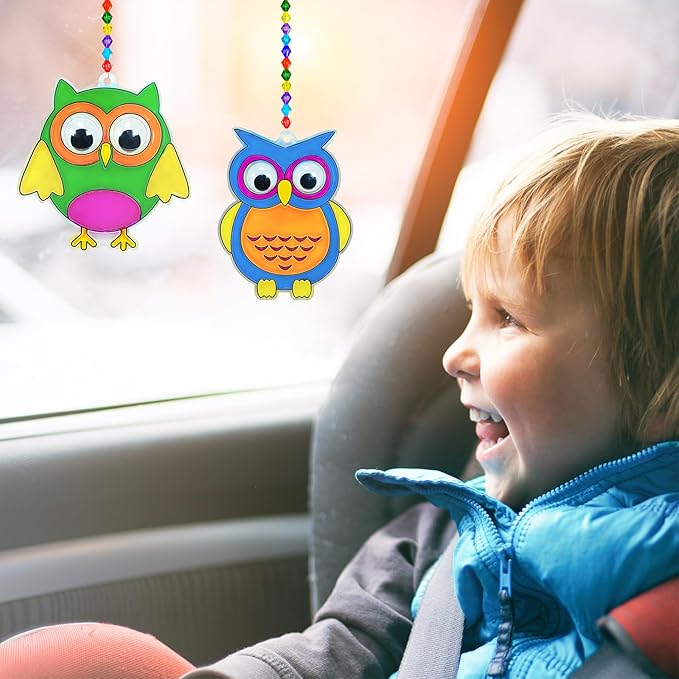 Winlyn 27 Sets Owl Suncatchers Ornaments Decorations DIY Window Paint Art Suncatchers Owl Craft Kits Sun Catchers for Kids Home Classroom Winter Holiday Season Fall Christmas Activities Party Favors