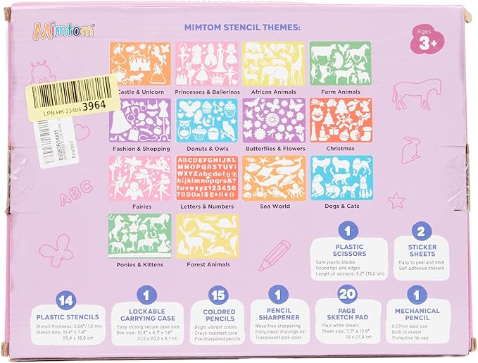 Mimtom Drawing Stencil Kit for Kids, 51 PC Art Set with 270+ Shapes, Sketch Pad, and Colored Pencils for Child's DIY Arts and Crafts, Draw with Princess, Fairies and Animal Stencils, Pink