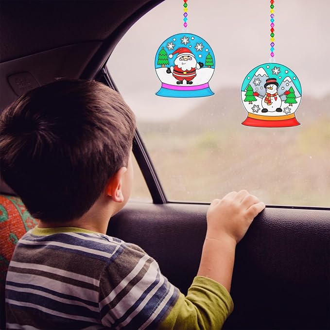 Winlyn 24 Sets Christmas Snow Globe Suncatcher Ornaments DIY Window Paint Art Suncatchers Craft Kits Winter Christmas Snow Globe Sun Catchers for Kids Holiday Classroom Party Decorations Art Project