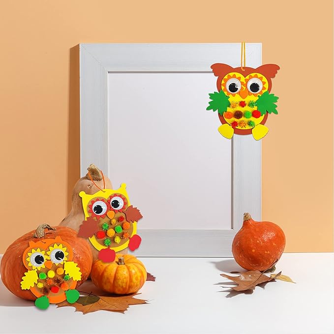 Winlyn 24 Sets Foam Owl Decorations DIY Owl Fall Craft Kit Assorted Foam Owl Shapes with Autumn Leaves Pumpkins Googly Eyes Pom-Poms for Kids Gift Halloween Thanksgiving Holiday Classroom Art Activity