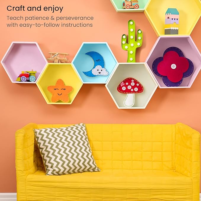 Arteza Kids Hand Sewing Kit, 5 Learn to Sew Plush Nature Crafts, 50 Pieces, Pre-Cut Felt Shapes, Plastic Needles, Plush Fill, Buttons, and Thread, Kids’ Craft Supplies with Instruction Guide