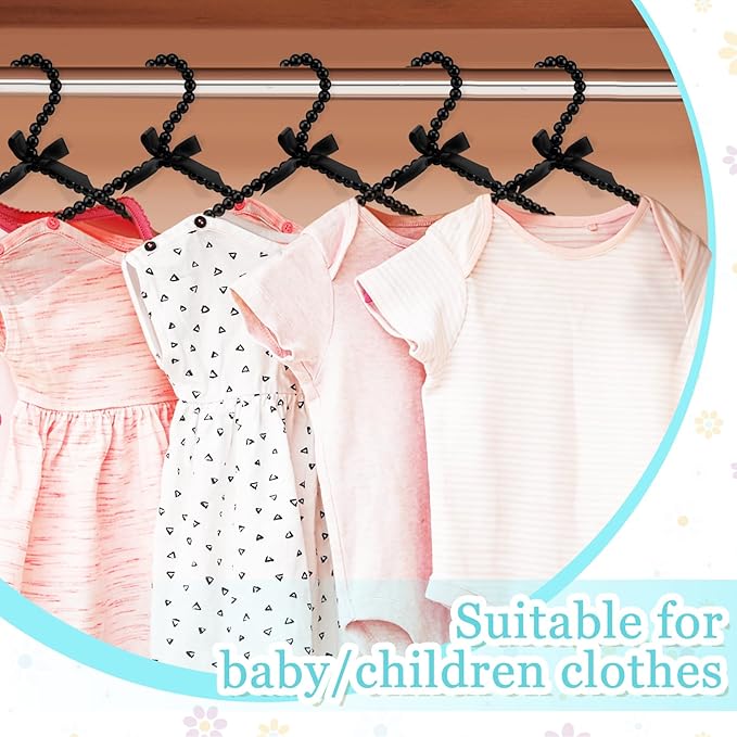 Threan Pearl Beaded Clothes Hanger Mini Pearl Beads Small Metal Clothes Hangers with Ribbon Standard for Kids Baby Children Pet Dog(Black,12 Pcs)