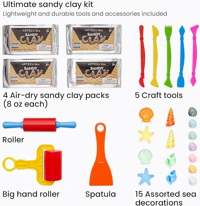Arteza Kids Air Dry Modeling Clay Kit, 4 x 8-oz Packs Sensory Play Sand, 8 Sandy Clay Tools, 15 Decoration Shells, Art and Craft Supplies for Kids, Sand Castle Building, Birthday Gifts