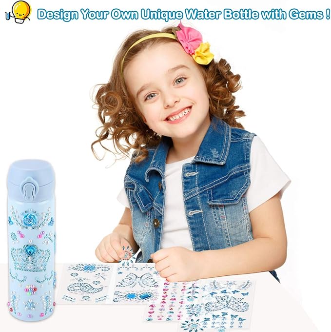 Pakoo Gifts for Girls, Decorate Your Water Bottle with Tons of Rhinestone Glitter Gem Stickers - DIY Craft Kit for Girls Age 5 6 7 8 9 10 11 12 - 17 OZ BPA Free Stainless Steel Insulated Kids Mugs