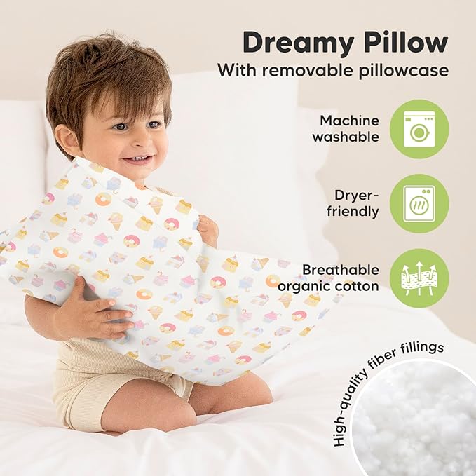 Toddler Pillow with Pillowcase - 13x18 My Little Dreamy Pillow, Organic Cotton Toddler Pillows for Sleeping, Kids Pillow, Travel Pillows, Mini Pillow, Nursery Pillow, Toddler Bed Pillow (Sweetopia)