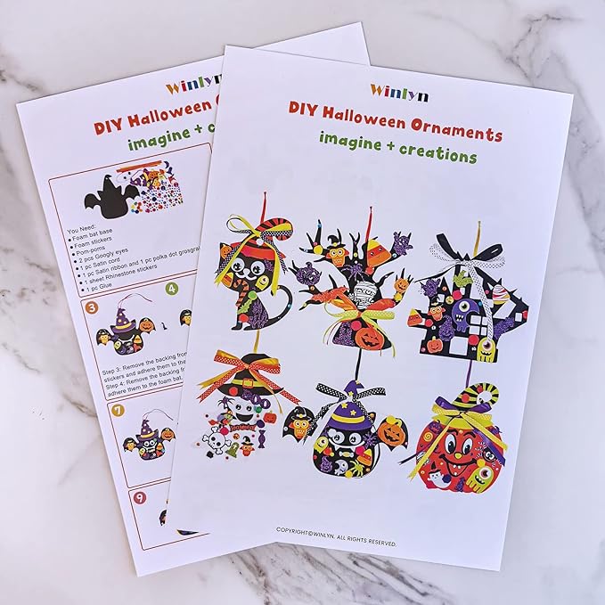 Winlyn 24 Sets Halloween Craft Kits DIY Halloween Pumpkin Ghost Bat Black Tree Ornaments Decorations Art Sets Fall Crafts Foam Stickers Arts and Crafts Supplies Kit for Kids Party Classroom Activities