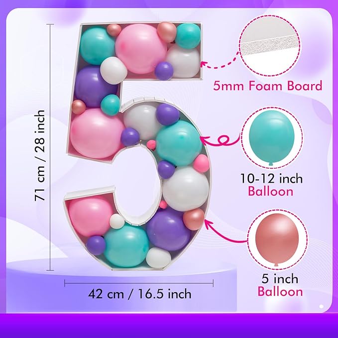 Mosaic Balloon Frame Light Up Numbers 5 Pre-Cut Large Foam Board Sign Cut-out for Boy Girl Birthday Backdrop Anniversary Decoration