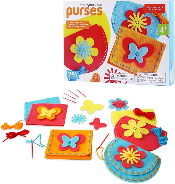 Serabeena Sew Your Own Purses - Sewing Kit for Kids - Felt Crafts for Kids - Sewing for Kids Ages 4-8 Plus - Felt Kit - Helps Develop Fine Motor Skills - DIY Kits for Kids with 6 Purses & Accessories