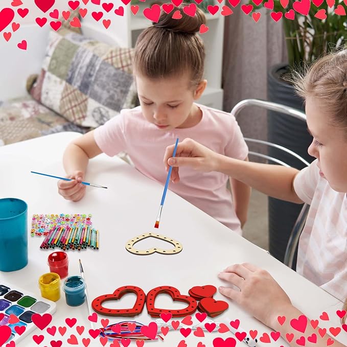 Fennoral 27 Pack Heart Wind Chime Kit for Kids Make You Own Red Heart Wind Chimes Mother's Day Wooden Ornaments for Kids Art and Craft Party Decoration