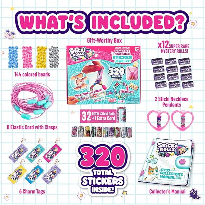 STICKI ROLLS Sticki Station - Ultimate DIY Sticker Jewelry Kit | Includes 320 Mini Stickers | Builds 6 Bracelets & 2 Necklaces | 2 Pendants & 144 Beads | Over 1000 Designs to Discover and Collect!