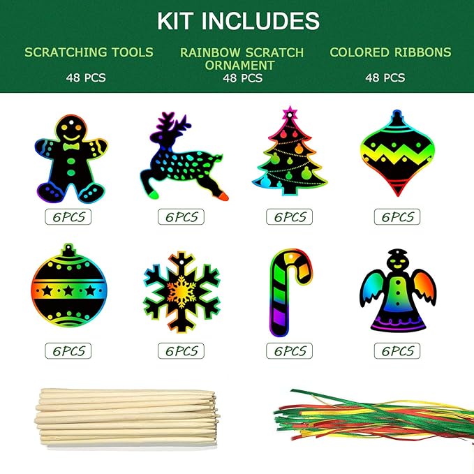 ORIENTAL CHERRY Christmas Scratch Crafts Arts, 48 DIY Rainbow Scratch Art Bulk Cards, Rainbow Scratch Paper Supplies Toys for 3-12Years Old Kids Favord Gift for Christmas Party Games Projects Kits