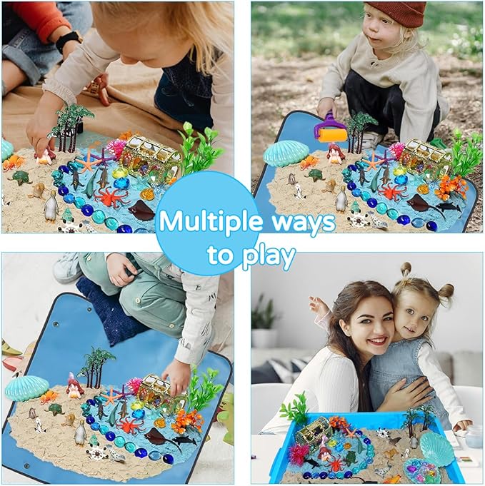 Ocean Mermaid Sensory Bin, Kids Underwater Play Sand Kit, Under The Sea Sensory Sandbox Toys with 2.2lbs Magic Sand, Sea Animals Figures, Sensory Sand Toys for Toddlers 1-3-5-7