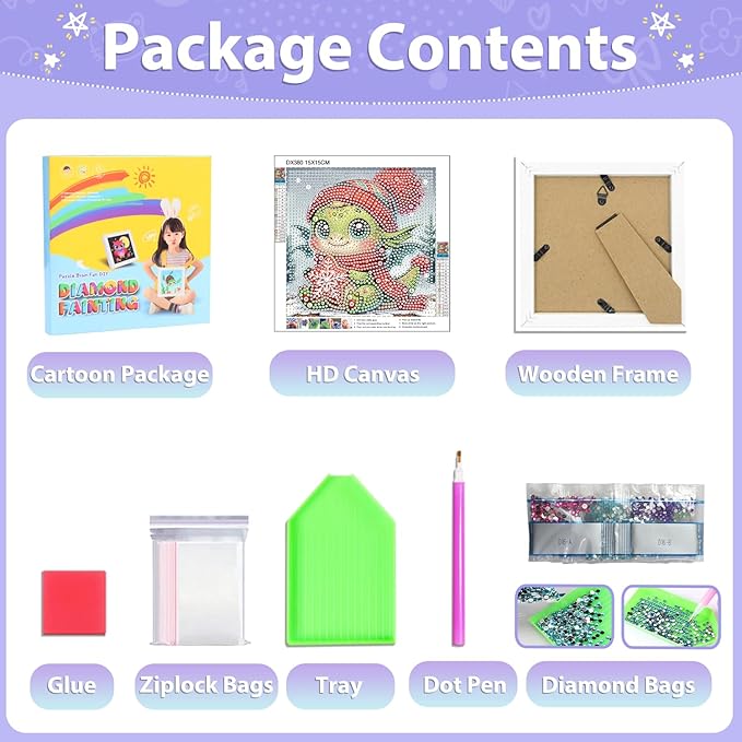 hkejoi Dragon Diamond Art Kits for Kids with Frame, Cartoon Diamond Art for Kids Ages 4-8-12, Easy Kids Gem Art Kit with Cartoon Package for Gift Home Wall Decor 7x7inch