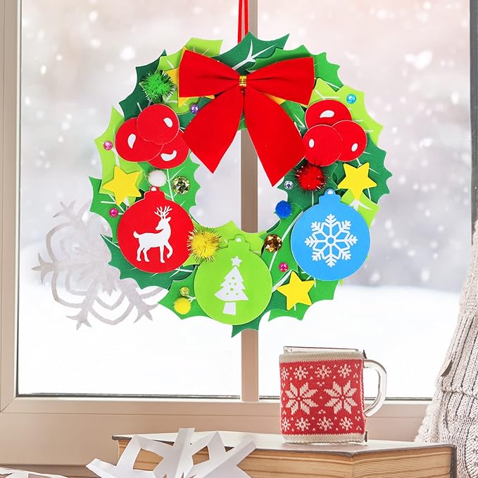 Winlyn 12 Sets Christmas Craft Kits DIY Christmas Wreath Ornaments Decorations Art Sets Snowman Santa Penguin Holly Leaf Christmas Foam Stickers Arts and Crafts for Kids Holiday Classroom Activities