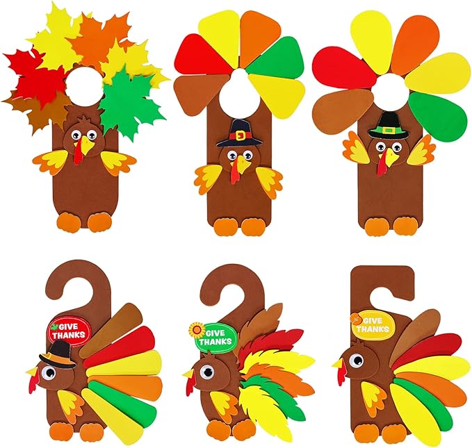 Winlyn 24 Sets Thanksgiving Turkey Doorknob Hanger Decorations Art Sets DIY Thanksgiving Craft Kits Fall Crafts Give Thanks Turkey Foam Stickers Arts and Crafts for Kids Party Classroom Activities