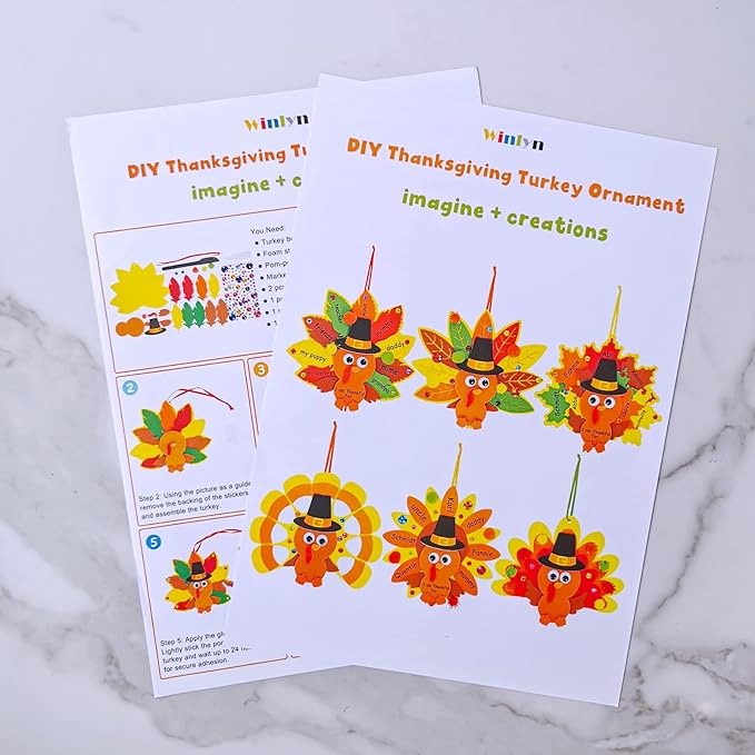 Winlyn 24 Sets Thanksgiving Turkey Ornaments Decorations Art Sets DIY Thanksgiving Craft Kits Fall Crafts Autumn Leaf Pumpkin Turkey Foam Stickers Arts and Crafts for Kids Party Classroom Activities