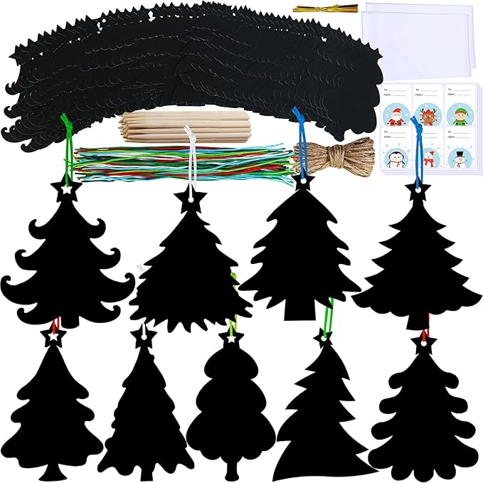 Winlyn 54 Sets 9 Styles Magic Color Scratch Black Christmas Tree Ornaments Christmas Tree Rainbow Scratch Art Decorations Christmas Craft Kit for Kids Classroom Activities Holiday Season Party Favors
