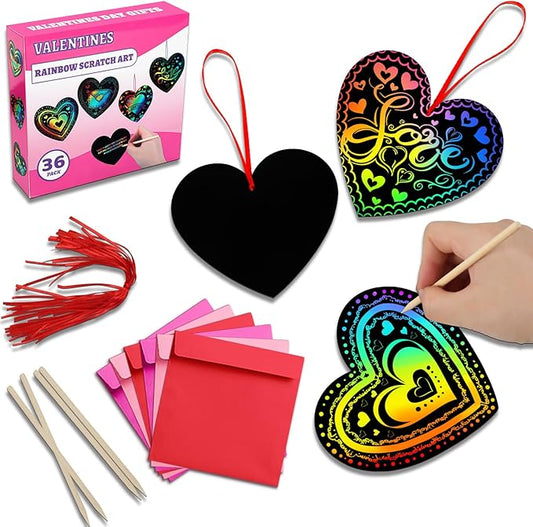 MDCGFOD 36 Pack Valentines Day Gifts for Kids, Rainbow Scratch Heart Crads Valentine Crafts for Kids - Create Magic Color Scratch Art for School Classroom Game Prizes Valentines Party Favors