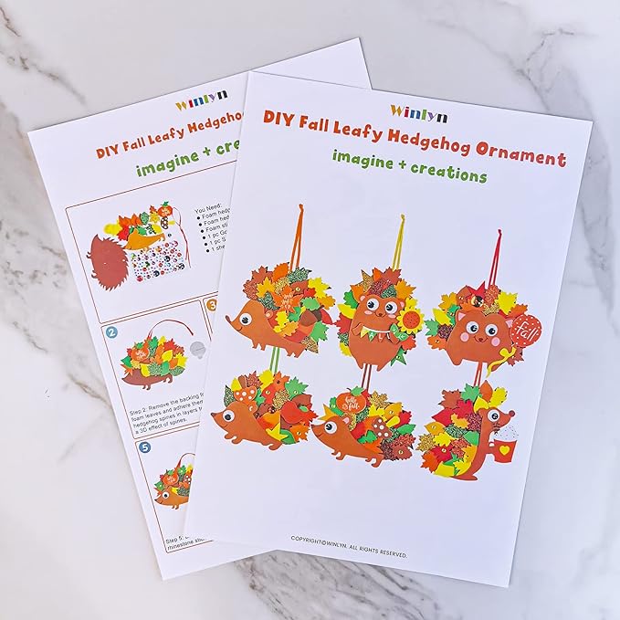 Winlyn 24 Sets Fall Craft Kits Fall Kids Crafts DIY Fall Leafy Hedgehog Ornaments Decorations Art Sets Autumn Leaf Foam Stickers Arts and Crafts Googly Eyes for Kids Thanksgiving Classroom Activities