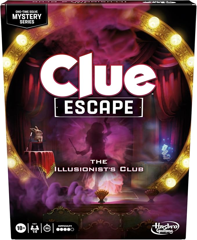 Clue Escape: The Illusionist’s Club Board Game | Escape Room Family Game | 1-Time Solve Mystery | Ages 10+ | 1-6 Players | Difficulty 4 | 90 - 120 Mins.