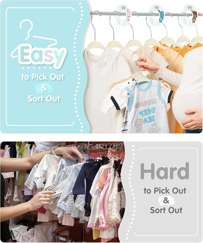 Baby Hangers, VIS'V 11 Inch Beige Velvet Kids Hangers with 6 Pcs Size Dividers Non Slip Nursery Children Closet Clothes Hangers for Infant Toddler Girls and Boys 50 Pcs