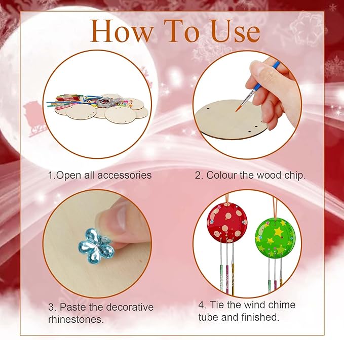 Fennoral 9 Pack Christmas Wind Chime Kit for Kids Make You Own Christmas Candy Wind Chimes DIY Paint Wooden Art and Craft for Girls Boys Christmas Craft Supplies Christmas Tree Decorations