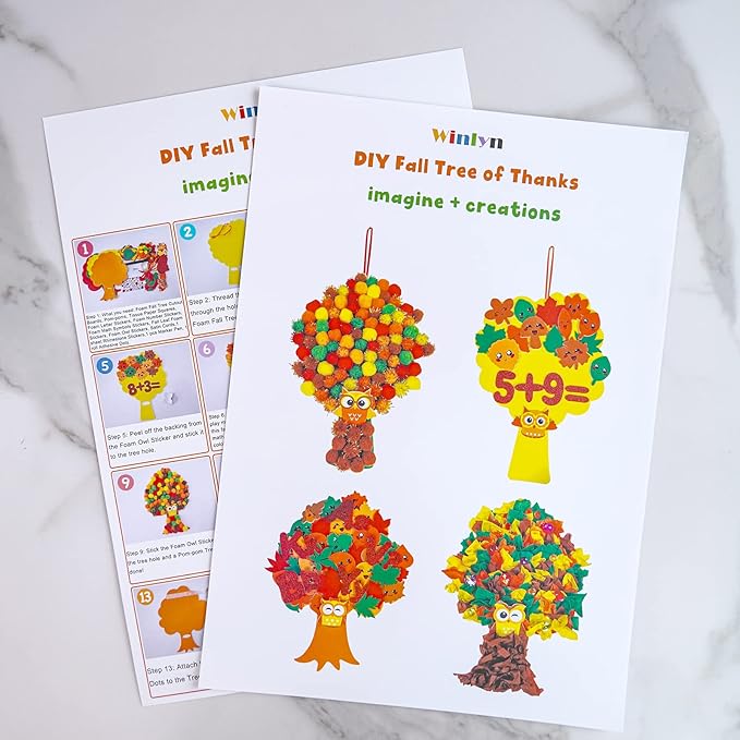 Winlyn 8 Sets Fall Crafts Kits Kids Fall Crafts Bulk Thanksgiving Crafts DIY Thankful Tree Art Sets Autumn Leaf Foam Stickers Pom-Poms Arts and Crafts for Kids Holiday School Classroom Activities