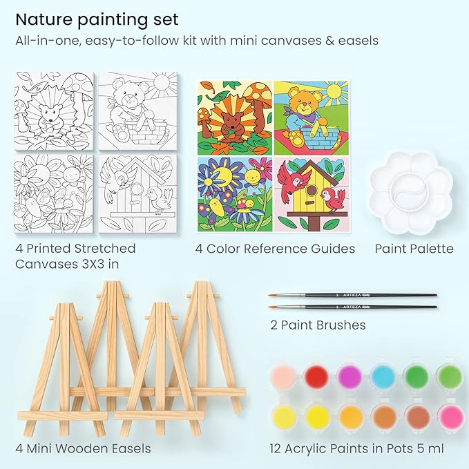 Arteza Kids Nature Painting Kit, 4 Canvases 3 x 3 Inches, 4 Easels, 12 Acrylic Paints, 2 Paint Brushes, 1 Palette, Kids Activities for Ages 6 and Up