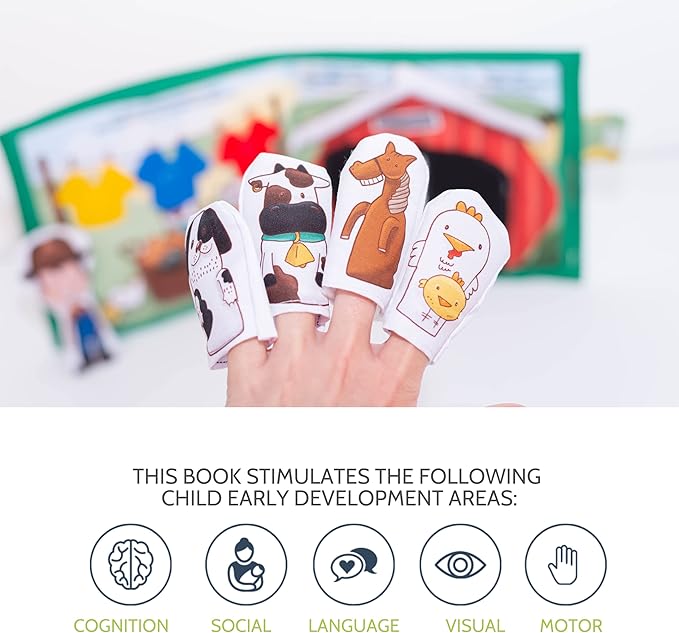 Bilingual Quiet Book for Toddlers | Written in English and Spanish | 5 Finger Puppets and 1 Plush Toy Included | Montessori Inspired for Toddlers | Carry on Travel Toy | Libros en Español para Niños.