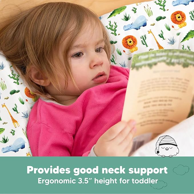 Toddler Pillow with Pillowcase - 13x18 My Little Dreamy Pillow, Organic Cotton Toddler Pillows for Sleeping, Kids Pillow, Travel Pillows, Mini Pillow, Nursery Pillow, Toddler Bed Pillow (Zoo)