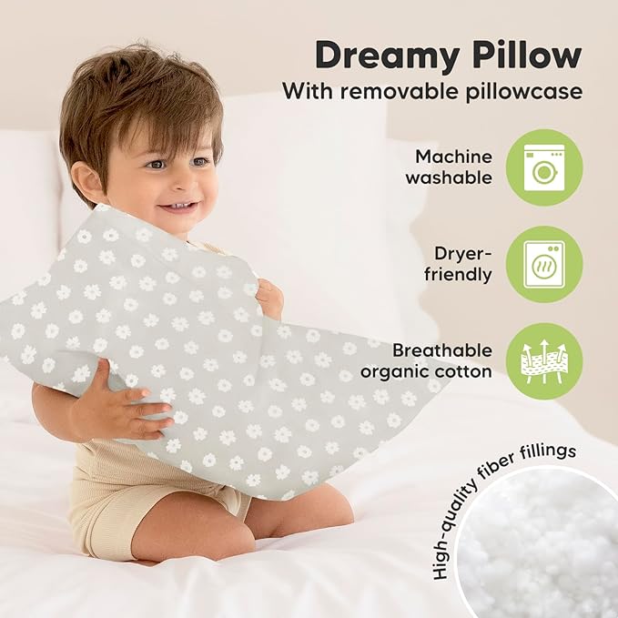 Toddler Pillow with Pillowcase - 13x18 My Little Dreamy Pillow, Organic Cotton Toddler Pillows for Sleeping, Kids Pillow, Travel Pillows, Mini Pillow, Nursery Pillow, Toddler Bed Pillow (Meadow)