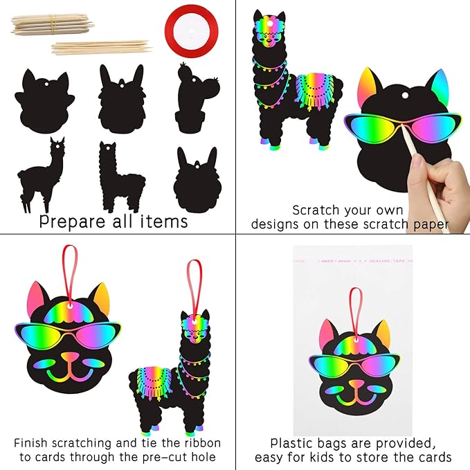 WATINC 60 pcs Alpaca Scratch Cards Art Set for Kids Adults, DIY Color Card Art Craft Kit, Llama Carnival Party Favor,Llama Themed Fun Game, 6 Styles with Ribbon Wood Stylus