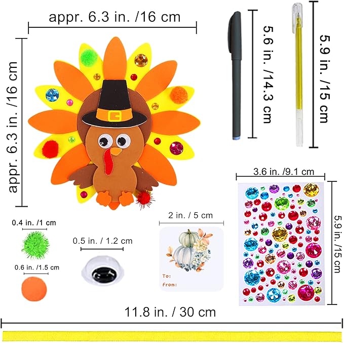 Winlyn 24 Sets Thanksgiving Turkey Ornaments Decorations Art Sets DIY Thanksgiving Craft Kits Fall Crafts Autumn Leaf Pumpkin Turkey Foam Stickers Arts and Crafts for Kids Party Classroom Activities