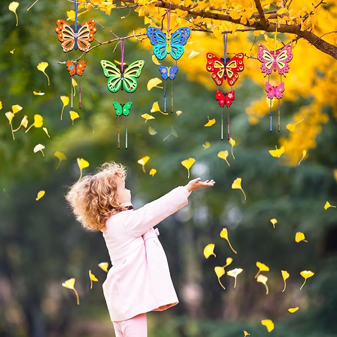 Fennoral 12 Pack Butterfly Wind Chime Kits for Kids Make Your Own Hollowed Out Butterfly Wind Chime DIY to Paint Butterfly Wooden Arts and Crafts for Kids Spring Winter Art Activity Birthday Party