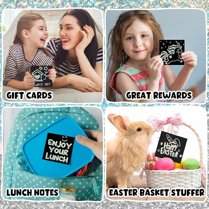 ZMLM Rainbow Scratch Paper Art Mini Notes Easter Basket Stuffers for Kids Teens Gifts Ages 4-8 Bulk Craft Supplies for Girls Boys Birthday Classroom Party Games Toy Stocking Stuffers(Silver)