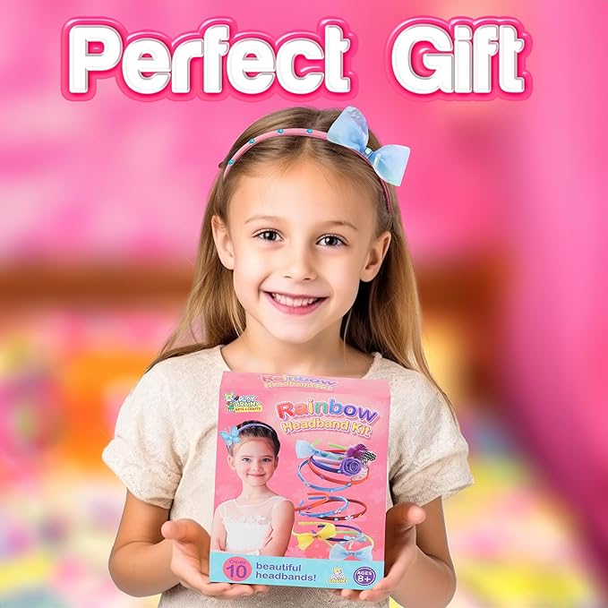 Play Brainy Rainbow Headband DIY Kit for Kids - 8 Year Old Christmas Gifts Girls with 10 Hair Bands, Hair Clasps, Flowers & More, Birthday Gifts for Girls Arts & Crafts for Family & Friends Playdates