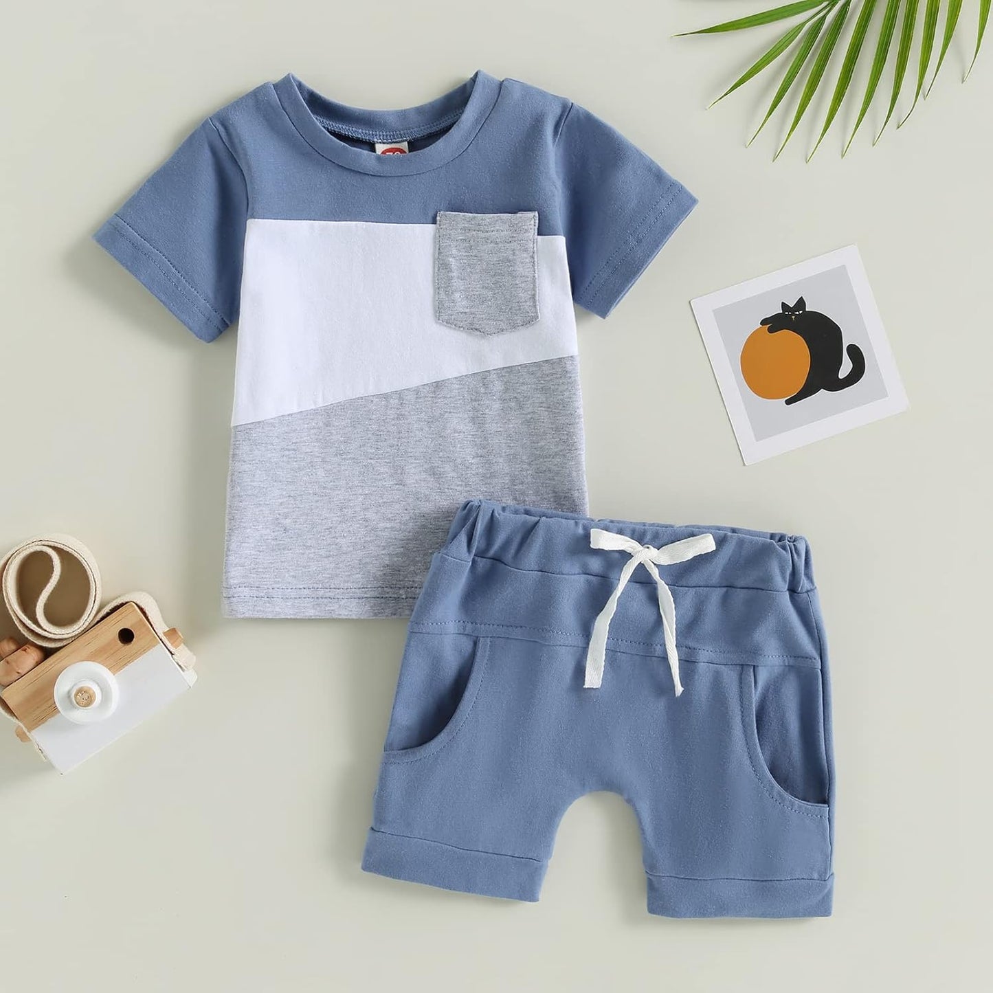 fhutpw Baby Toddler Boy Clothes Summer Outfits 6 12 18 24 Months Patchwork Short Sleeve T Shirt & Shorts Sets with Pockets