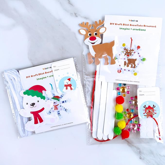 Winlyn 24 Sets Christmas Craft Kits Winter Crafts Popsicle Stick Snowflake Ornaments Decorations Art Sets Craft Stick Snowflake Christmas Stickers for Kids Holiday Classroom Activities Party Favors