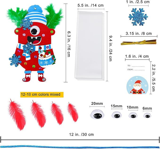 Winlyn 24 Sets Christmas Craft Kits Winter Crafts DIY Monster Ornaments Decorations Art Sets Foam Monster Christmas Stickers Googly Eyes Feathers for Kids Holiday Home Classroom Activities Party Favor