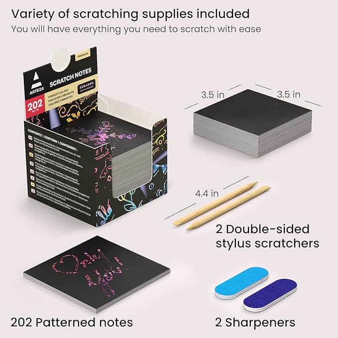 ARTEZA Scratch Paper, Set of 202 Notes, 3.5 x 3.5 Inches, 200 Holographic and 2 Gold-Foil Star Backgrounds