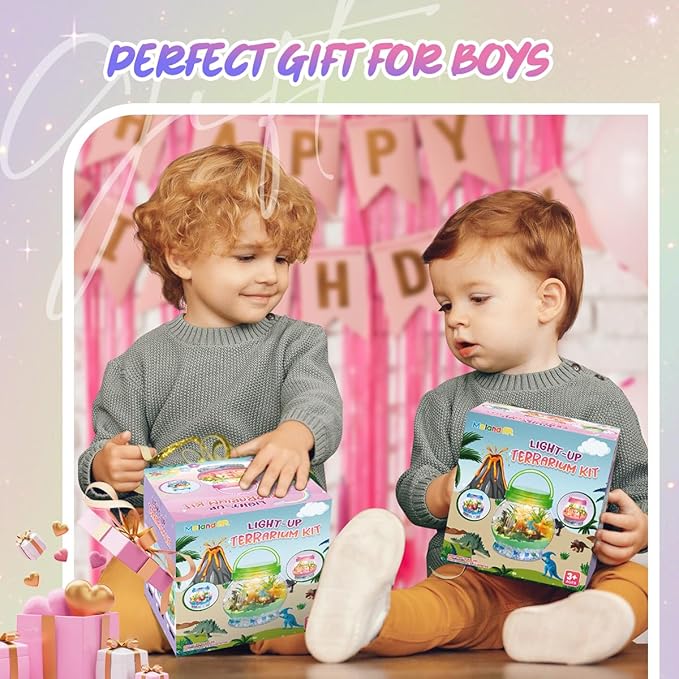 Light Up Dinosaur Terrarium Kit for Kids, Dinosaur Birthday Gift for Boys Ages 5 6 7 8-12 Year Old, DIY Unicorn Arts & Crafts Toys for Boys (Dinosaur)