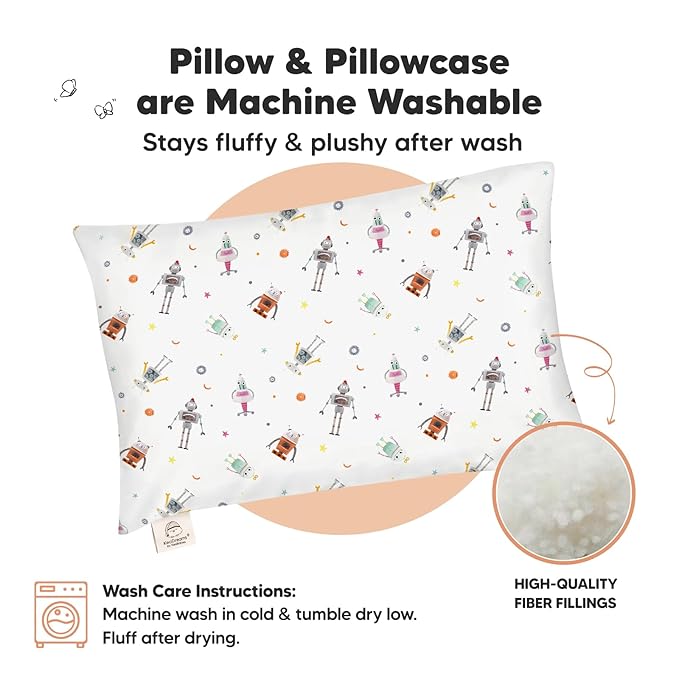 Toddler Pillow with Pillowcase - 13x18 My Little Dreamy Pillow, Organic Cotton Toddler Pillows for Sleeping, Kids Pillow, Travel Pillows, Mini Pillow, Nursery Pillow, Toddler Bed Pillow (Robo Pals)