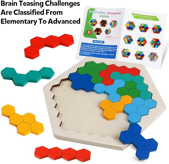 Skrtuan Wooden Blocks Puzzle for Kid Adults Brain Teaser Hexagon Puzzles Games Toy Shape Pattern Block Tangram Geometry Logic IQ STEM Montessori Educational Gift for All Ages Boys Girls Challenge